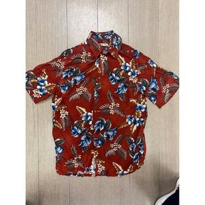 Batik Bay Short Sleeve Tropical Floral Button Up Rust Rayon Mens  Large Vintage